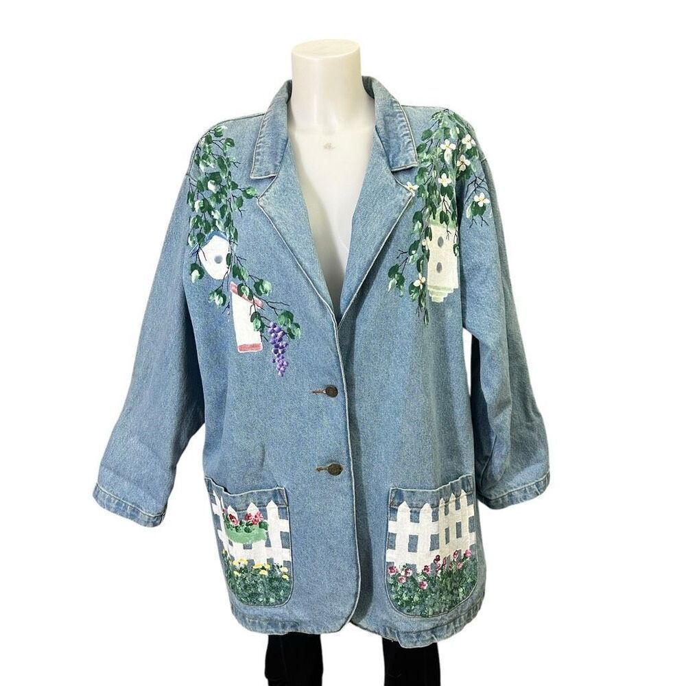 Sunbelt Denim Vintage HandPainted‎ Stonewash Oversized Jacket Garden scene Large